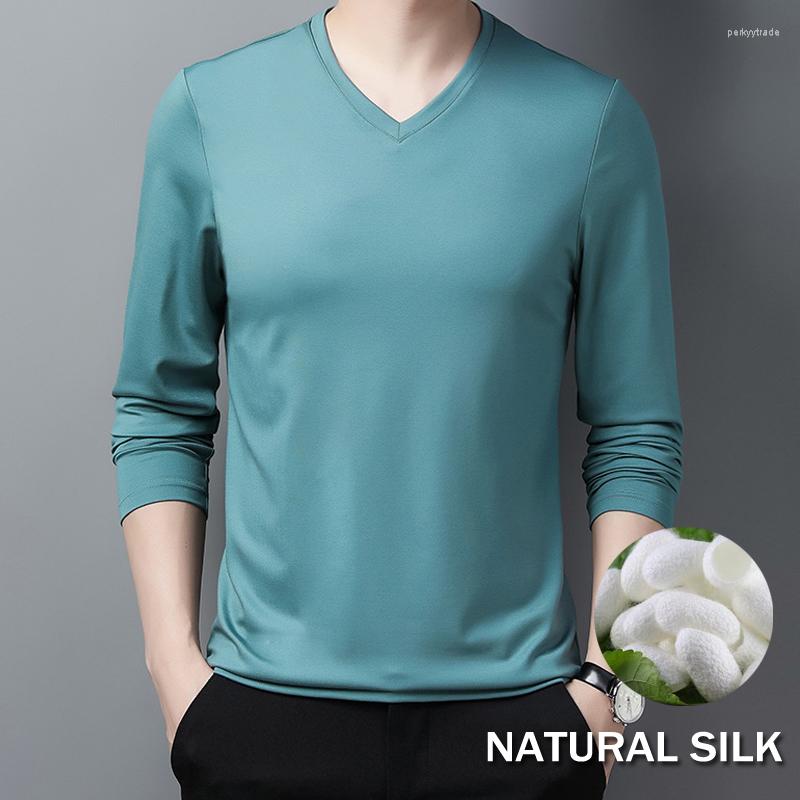 

Men's T Shirts 17.8% Cotton 26.7% Lyocell 5.5% Silk Solid Color V-neck Shirt Men Long Sleeve Multicolor Soft Comfortable High Quality Tshirt, Black
