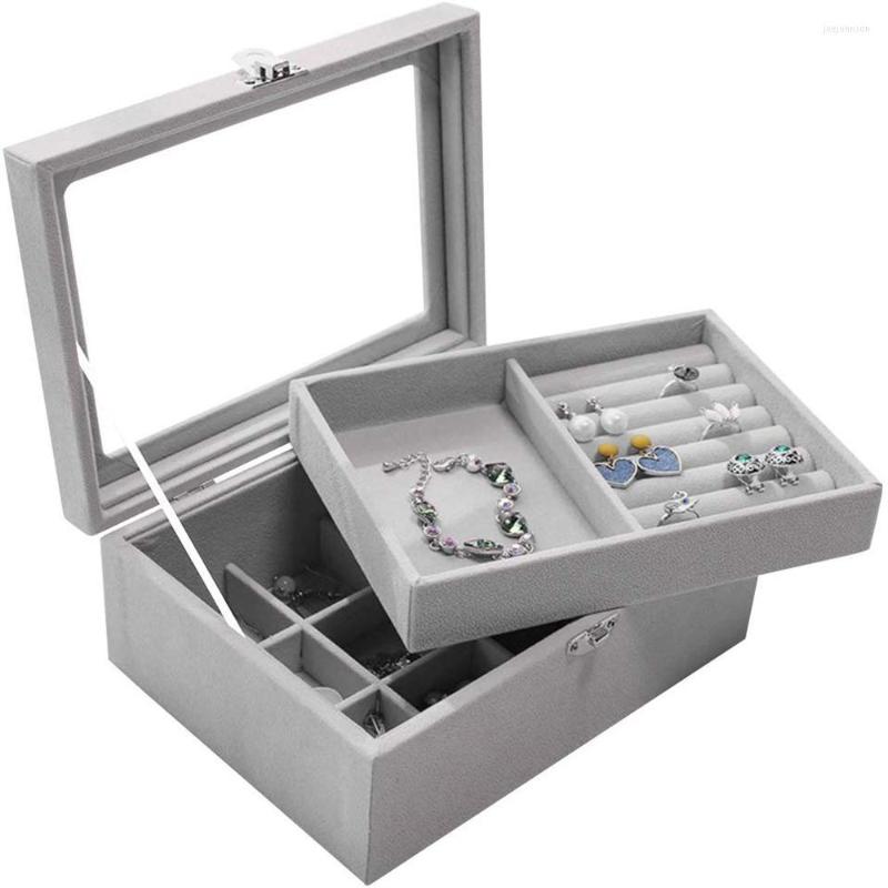 

Jewelry Pouches 2-Layer 12 Grids Box Organizer With Lock Velvet Rings Tray Display Holder Earrings Necklace Bracelet Storage Case-Gray