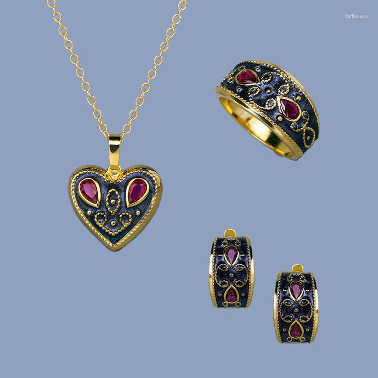 

Necklace Earrings Set 2022 Trendy Vintage For Women Handmade Black Enamel Punk Heart Shape Antique Ring Earring Party Gift, Picture shown