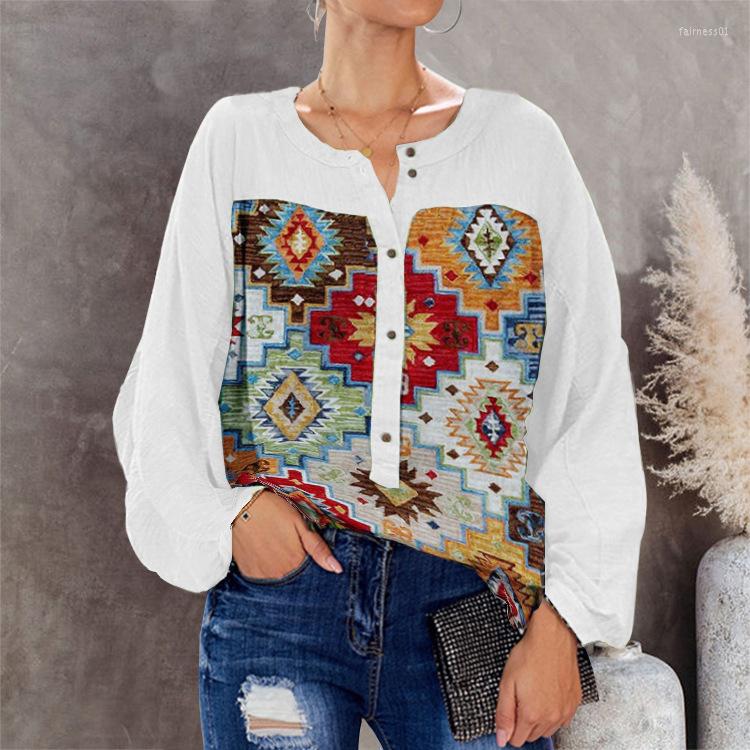 

Women' Blouses Woman Shirts 2022 Spring Casual O-neck Patchwork Loose Single Breasted Tops Button Retro Print Long Sleeve Ladies Shirt, Green