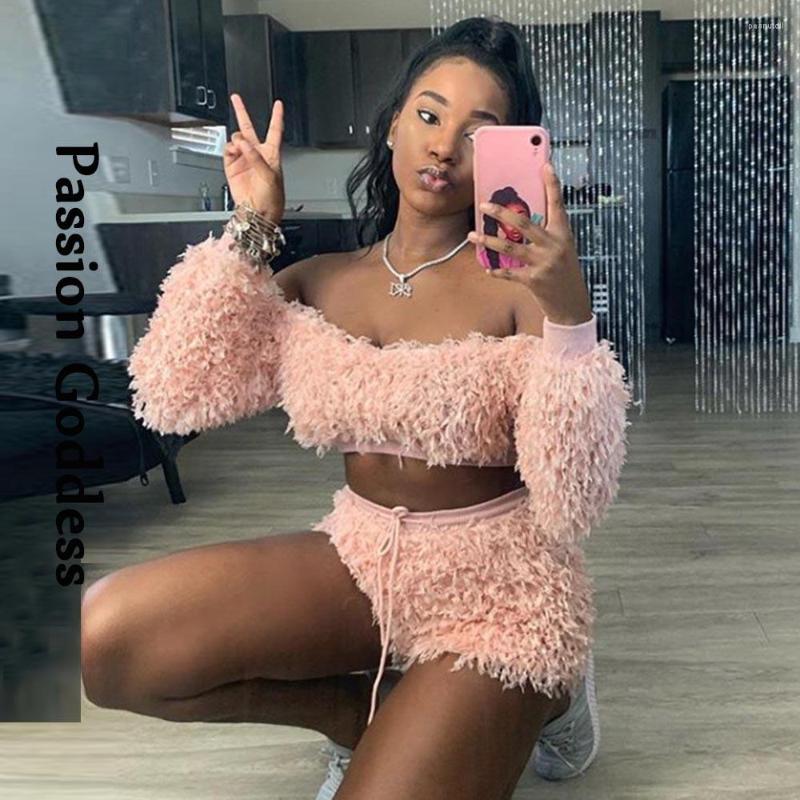 

Women' Tracksuits Cute Women 2 Piece Pink Fluffy Fur Sets Plush Long Sleeve Cropped Top High Waist Shorts Slim Two Party Fuzzy Suits Kawaii