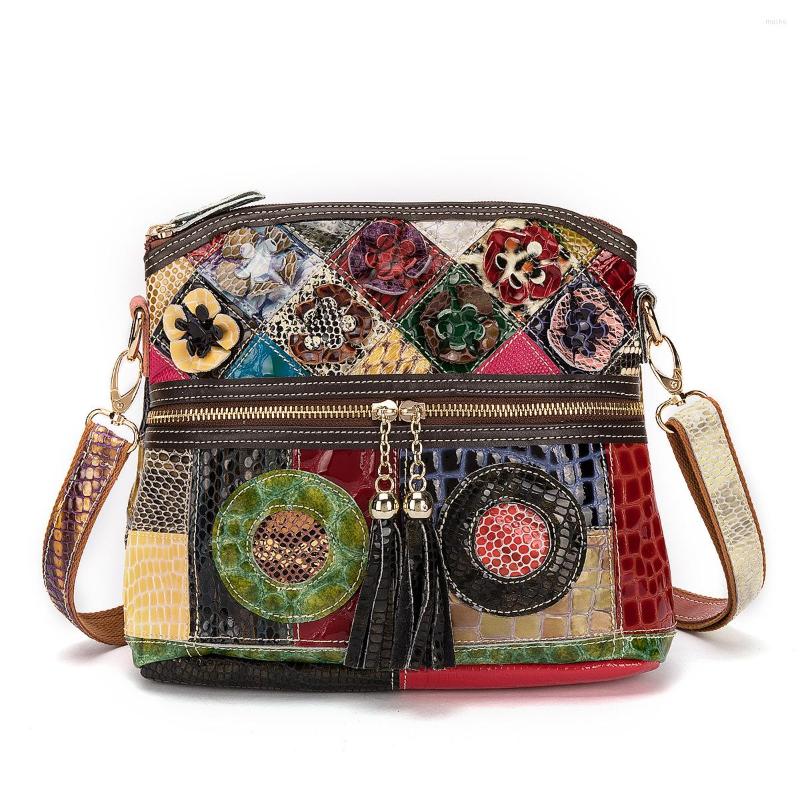 

Evening Bags Retro Women Crossbody Bag Ladies Genuine Cow Leather Stitching Shoulder Colorful Flowers Casual Ethnic Style Purse