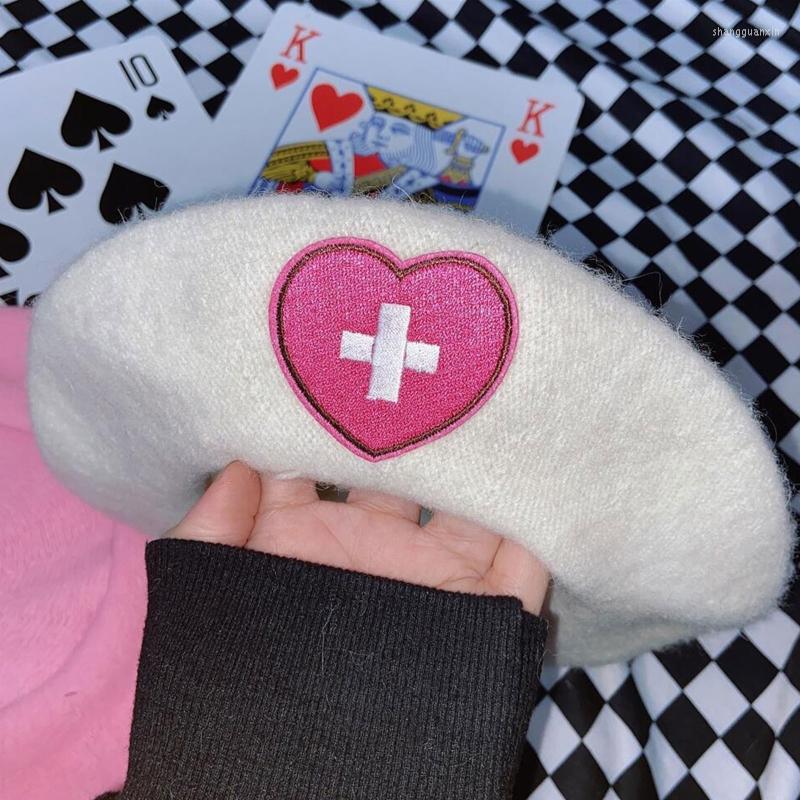 

Berets Women Girl Beret French Artist Warm Felt Winter Beanie Hat Vintage Plain Hats Embroidery Heart Cross Pattern, Pink