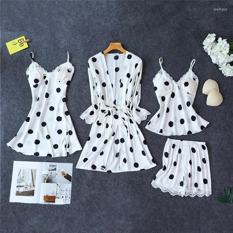 

Women's Sleepwear White Womens 4PC Strap Top Pants Suit Pajamas Sets Spring Home Wear Nightwear Sexy Kimono Robe Bath Gown Bathrobe, A - 1