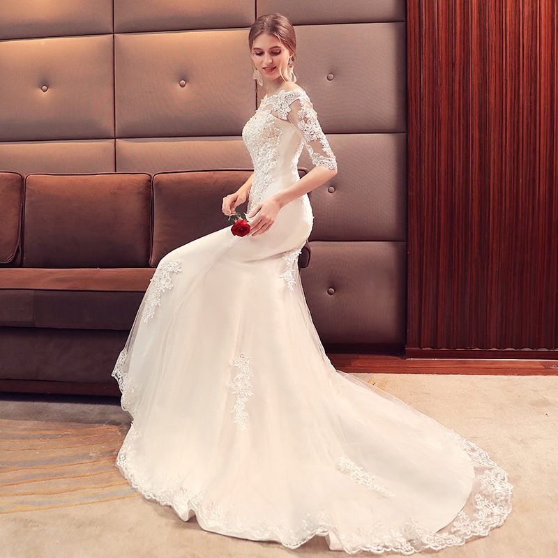 2023 Luxury Arabic Mermaid Wedding Dresses Dubai Sparkly Crystals Long Sleeves lace Bridal Gowns Court Train Tulle Skirt robes de mariee-image-811847574