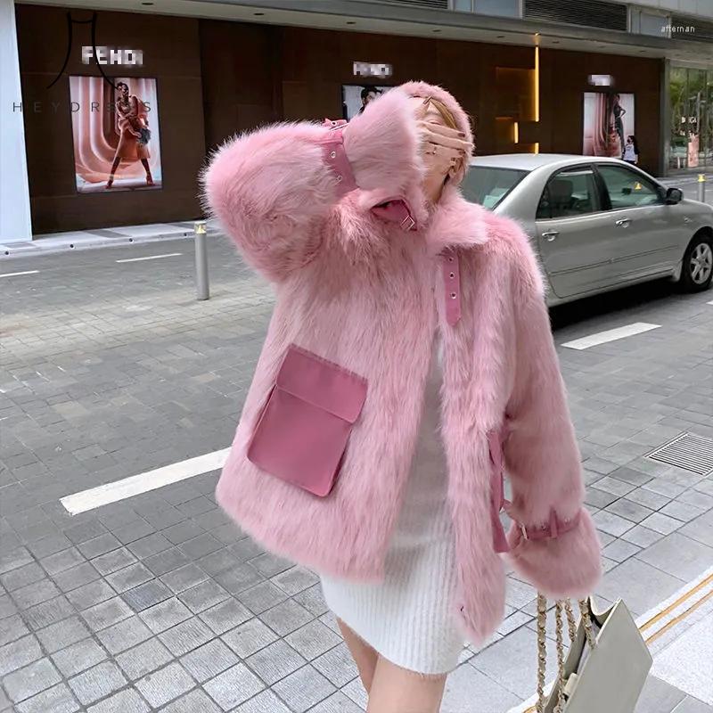 

Women' Fur Heydress Vintage Solid Thick Warm Winter Coats Female Pink Faux Lady Pockets Fashion, Gray