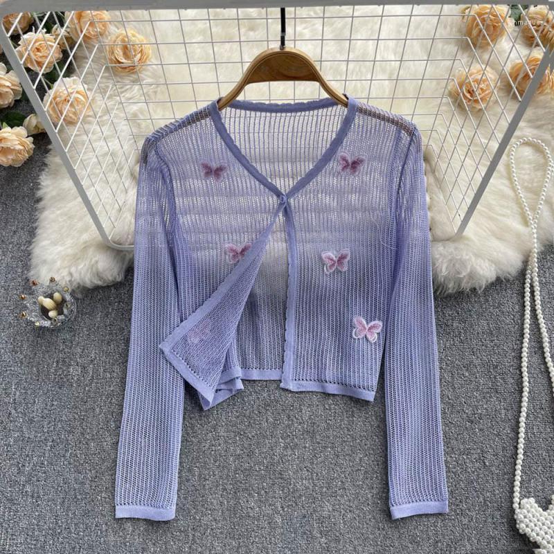 

Women's Jackets Knitting 2022 Summer Sweet Temperament V-neck Bow Embroidery Hollowed Out Cardigan Sunscreen Clothes Cause Women Top Shirts