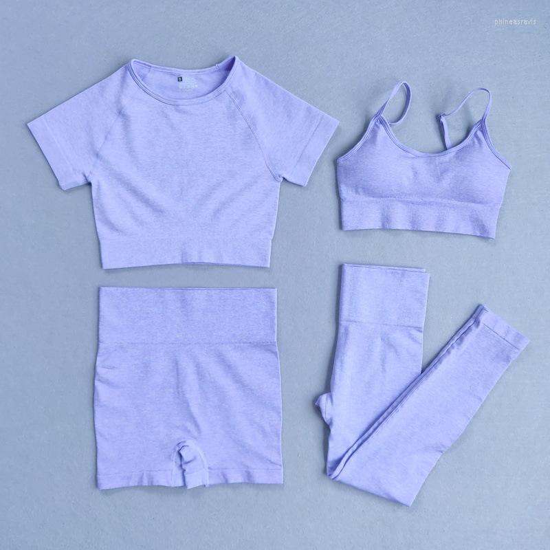 

Active Sets Professional Fitness Gym Women Seamless Suits Yoga T Shirt Bra Shorts Pants Sportswear 4 Piece Set Breathable Clothing, Beige