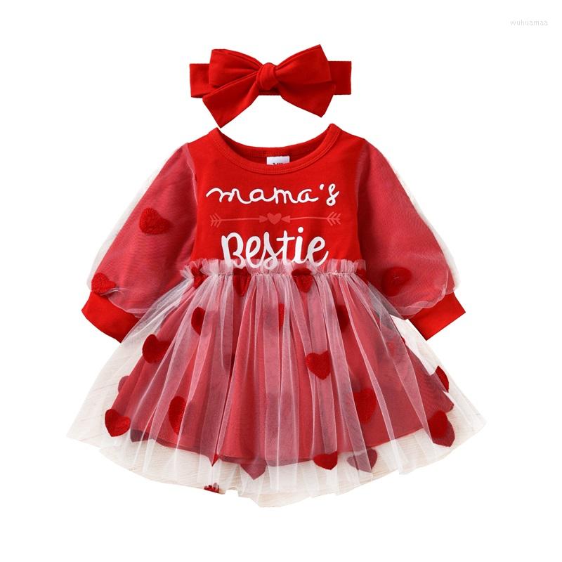 

Girl Dresses Baby Girls Dress Sweet Clothes Sets Letter Printed Love-Heart Mesh Patchwork Long Sleeve Red Princess With Bow Headband, Picture shown
