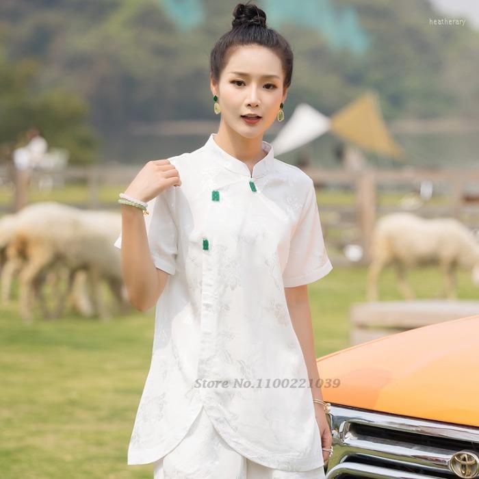 

Ethnic Clothing 2022 Chinese Traditional Women Vintage Blouse National Satin Jacquard Tang Suirt Shirts Stand Collar Cheongsam Shirt