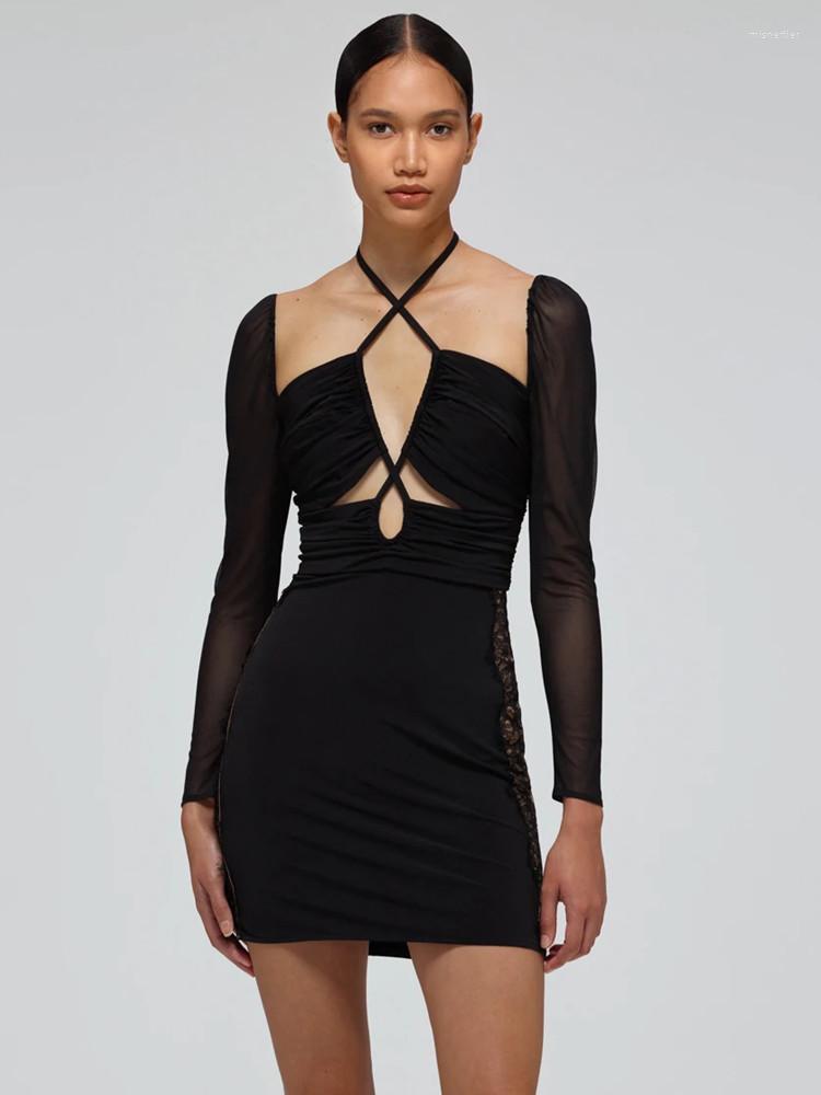 

Casual Dresses Women Sexy Black Long Sleeve Cut Out Bodycon Lace Patchwork Mini Short Ruched Dress Summer Going Evening Club Party