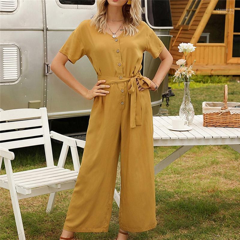 

Women's Jumpsuits Women's & Rompers Summer Women Casual Loose Solid Cotton Jumpsuit Short Sleeve Single-Breasted Playsuit Trousers, Yellow