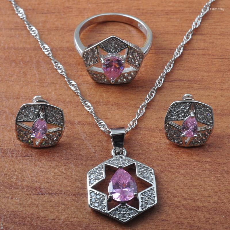 

Necklace Earrings Set 2022 Pink CrystalSilver Color For Women Brithday Gift Crystal Pendant Ring JS0643, Picture shown