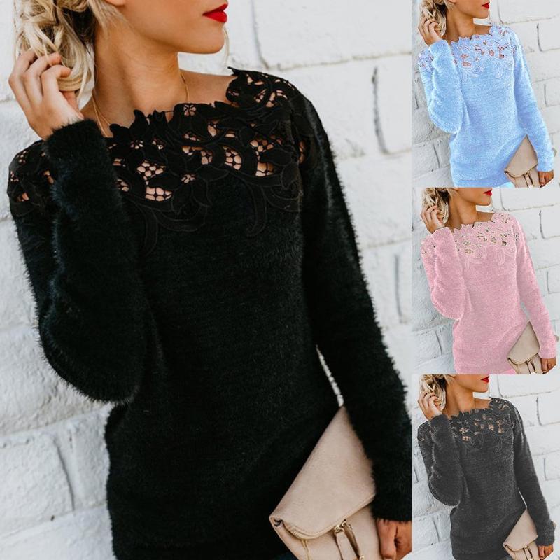 

Women' Sweaters Sexy Floral Lace Hollow Sweater Plus Size Long Sleeve Solid Color Top Pullover 2022 Fashion, Black