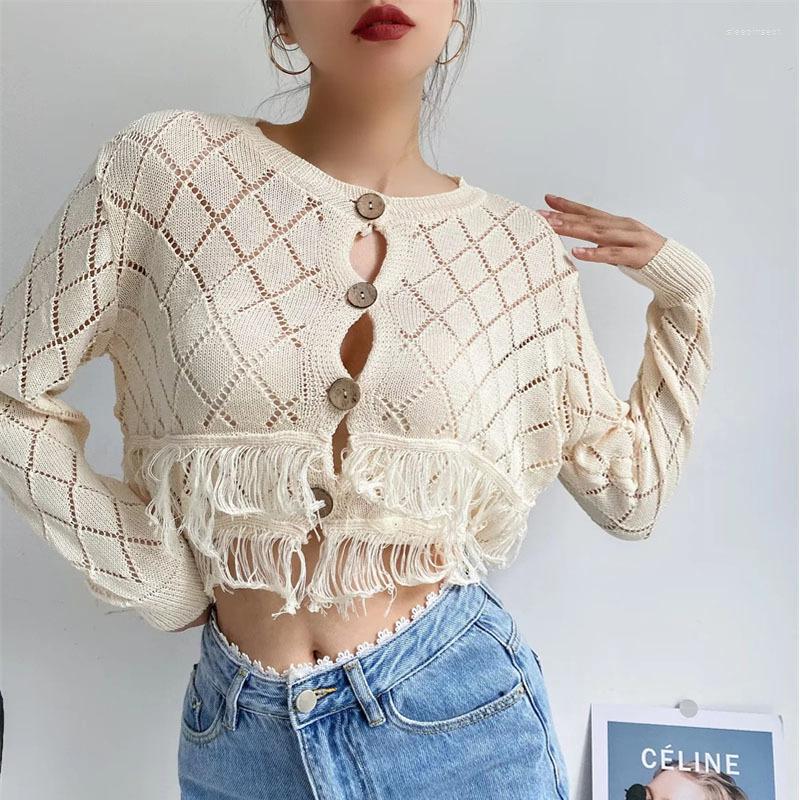 

Women's Knits Women Cardigan Korean Hollow Out Tassel Knit Cropped Sweater O Neck Fringe Button-up Female ThinOuterwear Chic Tops Autumn, Beige