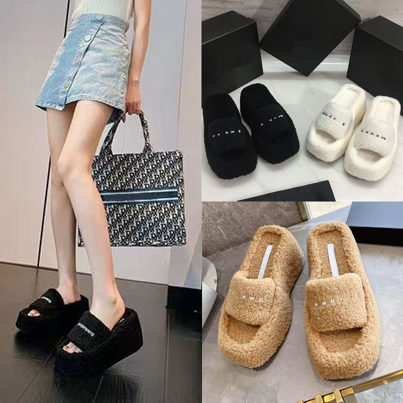 

2022 Designer Women wool Fluffy Slides slippers Fashione letters Furry Outer wear Sandal winter thick bottom Super high heel open toed wedge slipper shoes Sizes 35-40