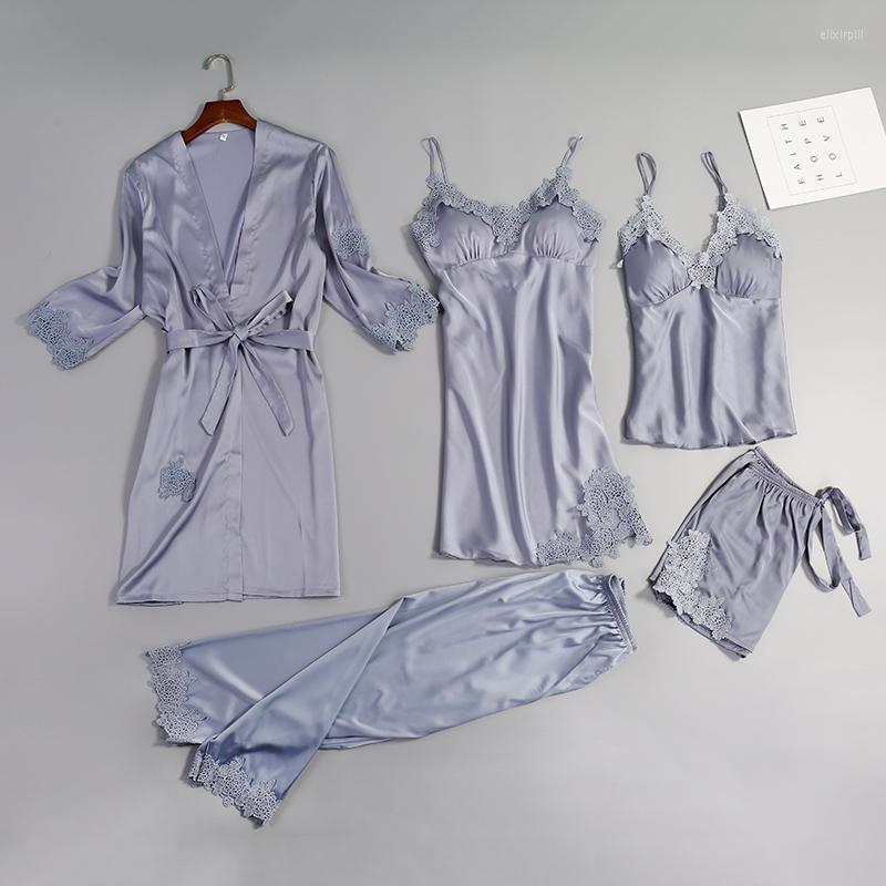 

Women's Sleepwear 5 Pieces Ladies Sexy Silk Satin Set Lace Robe Nightdress Slip Top Shorts Pant Fashion Nightwear For Women, Black