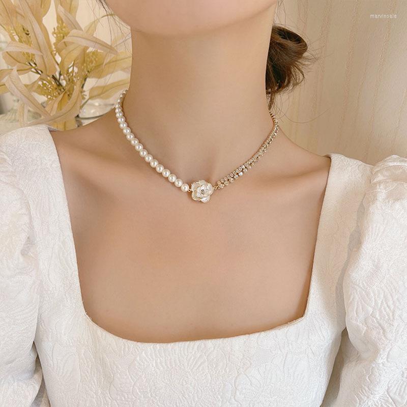 

Chains Camellia Necklace High-end Niche Design Rhinestone Pearl Stitching Clavicle Chain Flower Pendant
