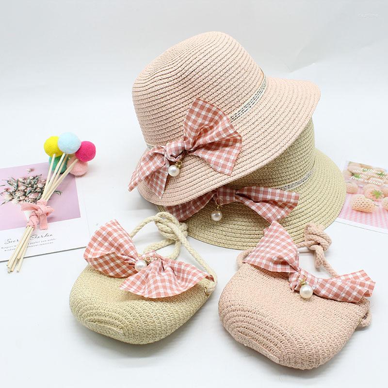 

Hats Seioum Summer Child Bow Hat And Handbag Bags Outdoor Kids Holiday Beach Sun Girls Baby Cute Panama Cap Gorros, Beige
