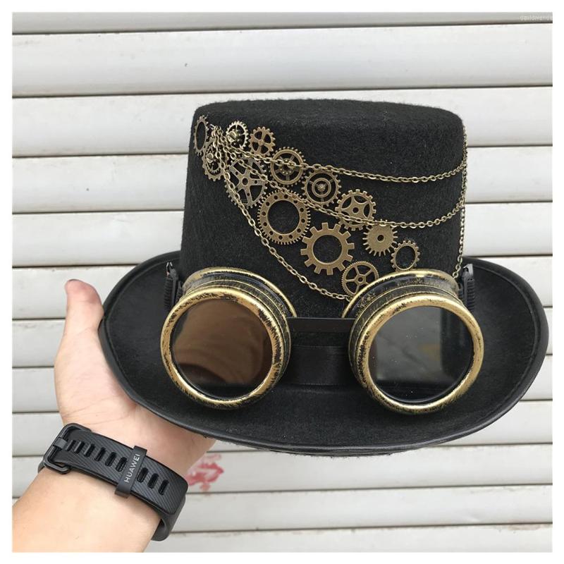 

Berets 2022 Unisex Men Women Retro Handmade Steampunk Top Hat With Gear Glasses Stage Magic Party Cosplay Size 57CM, Black