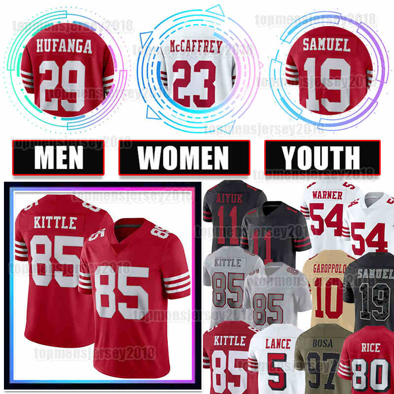 

85 George Kittle Football Jersey 23 Christian McCaffrey 29 Talanoa Hufanga Deebo Samuel Trey Lance Nick Bosa Fred Warner Brandon Aiyuk Jimmy Garoppolo Kyle Juszczyk, Ncaa