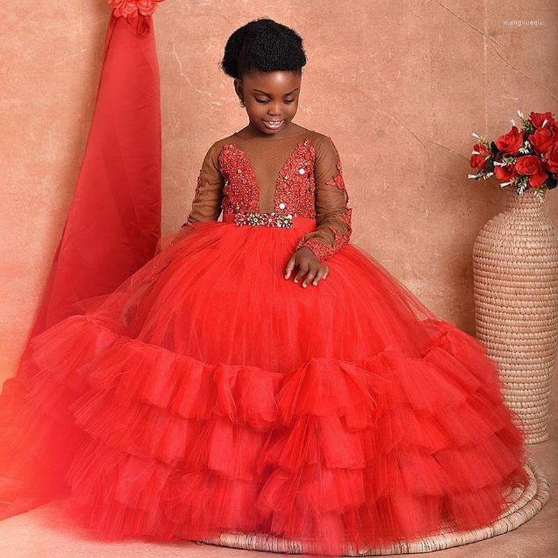 

Girl Dresses Coral Tier Layered Flower Girls Ball Gown Long Sleeves Tulle Child Birthday Pography Bead Kids Pageant Skirts, Green