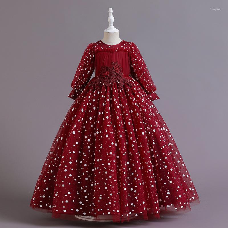 

Girl Dresses Spring And Summer Girls Dress Middle Long Sleeve Children Wave Dot Lace Baby Princess Flower Wedding Party, Picture shown