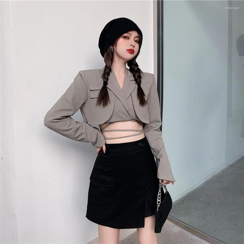 

Two Piece Dress Stylish Short Pattern Crops Notched Collar Women Coat Skirt Suit Waist-exposed Spring Blazer For Parties, Black