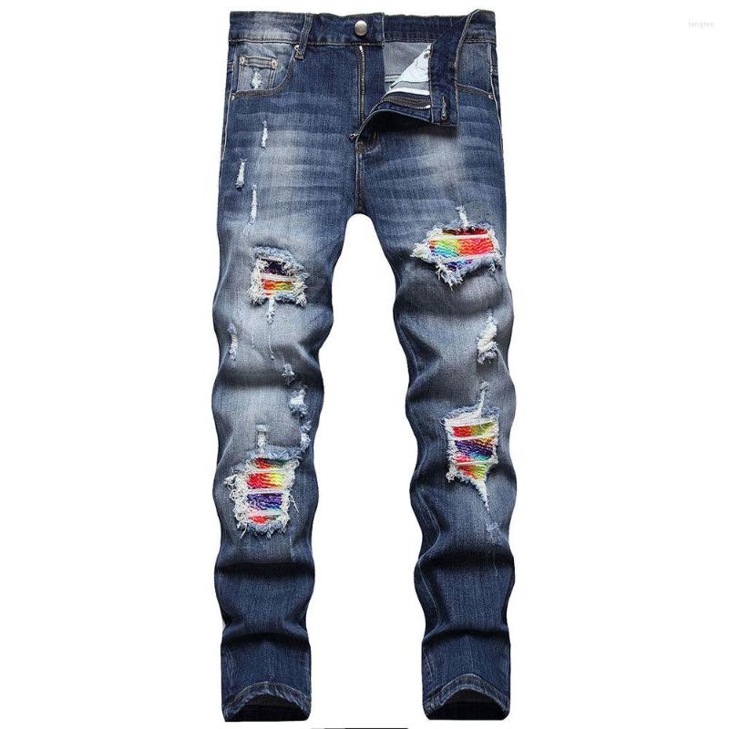 

Men's Jeans Ripped Skinny Trouser Men Color Contrast Pleated Patch Denim Jean Streetwear Patchwork Stretch Pants Noir Homme, Light blue