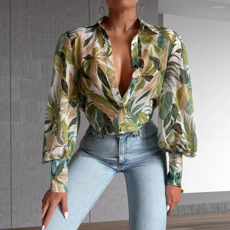 

Women's Blouses Lantern Sleeve Floral Print Vintage Shirt Turn-Down Collar Single Breasted Wide Cuffs Women Sun Protection Casual, Blue