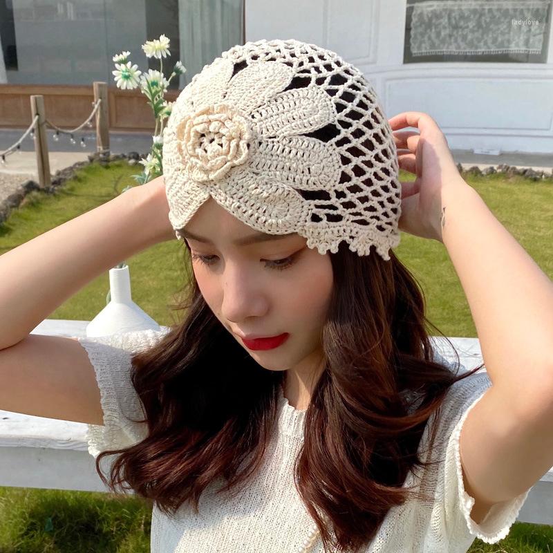 

Berets Fashion Vintage Temperament Knitted Hat Spring Women Summer Breathable Decoration Beanie Caps Elegant Big Flower, 10