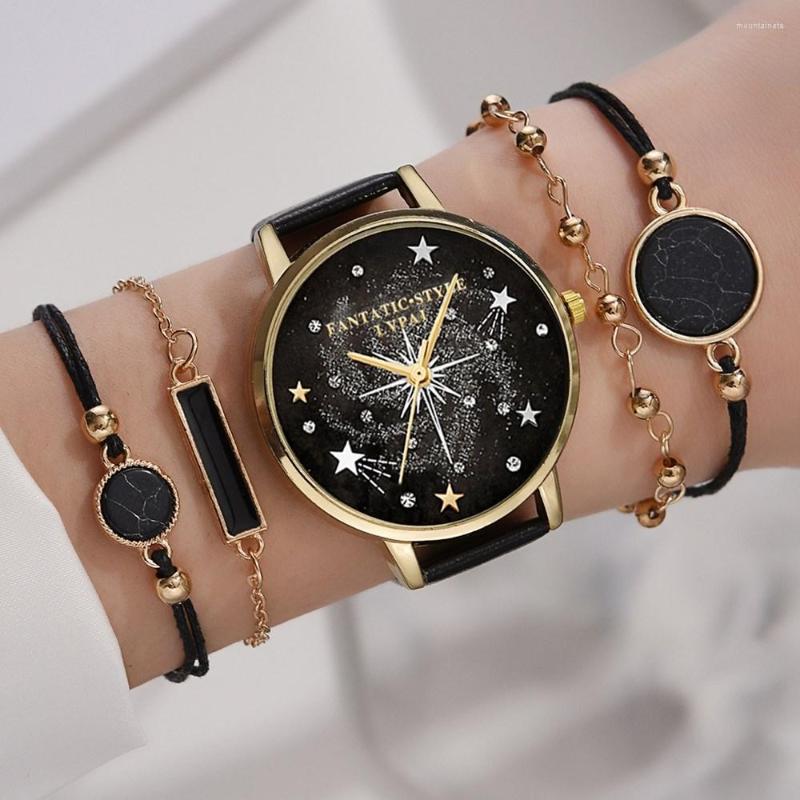 

Wristwatches 5pcs Watches Set Fashion Bracelet Watch Women Ladies Quartz Wristwatch Luxury Female Clock Relogio Feminino Reloj, Black
