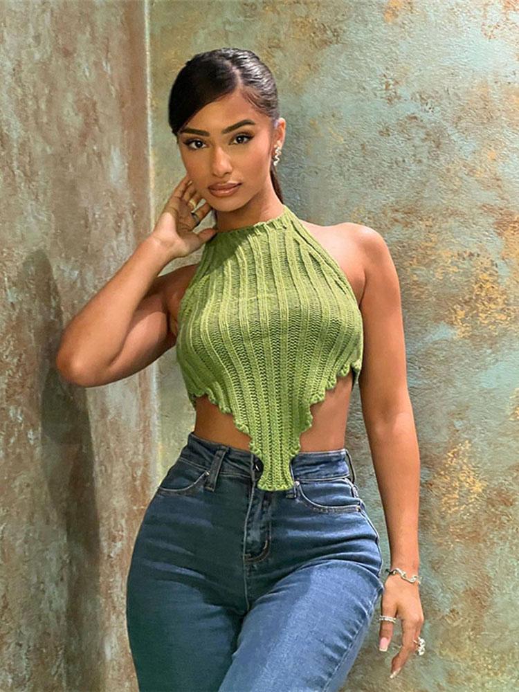 

Women' Tanks Green Halter Top Women Cami Backless Lace Up Sexy Knitting Crop Tops Sleeveless Camisole Female Fashion Party Club Streetwear