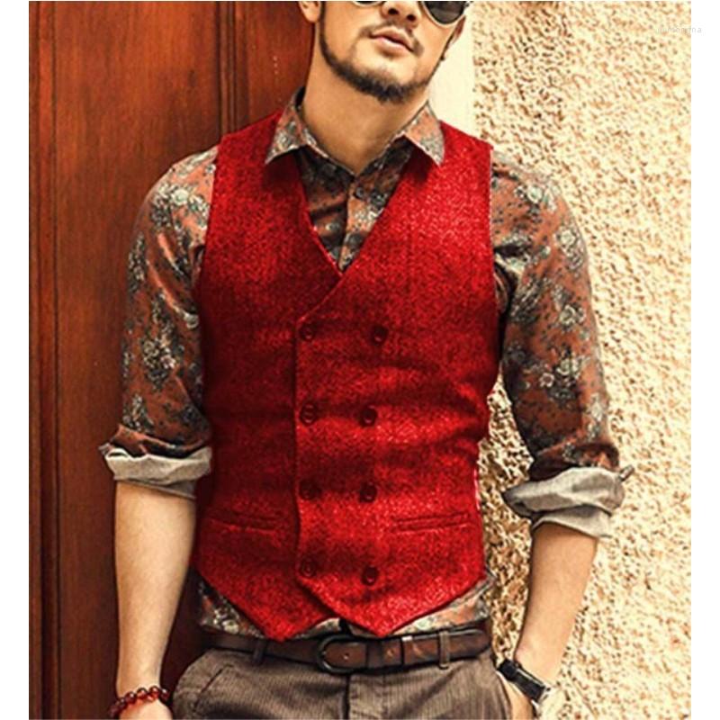 

Men's Suits Herringbone Tweed Wool Men's Waistcoat Slim Fit Leisure Suit Vest Double Breasted Beckham Brown Wedding Groom For Man, Black
