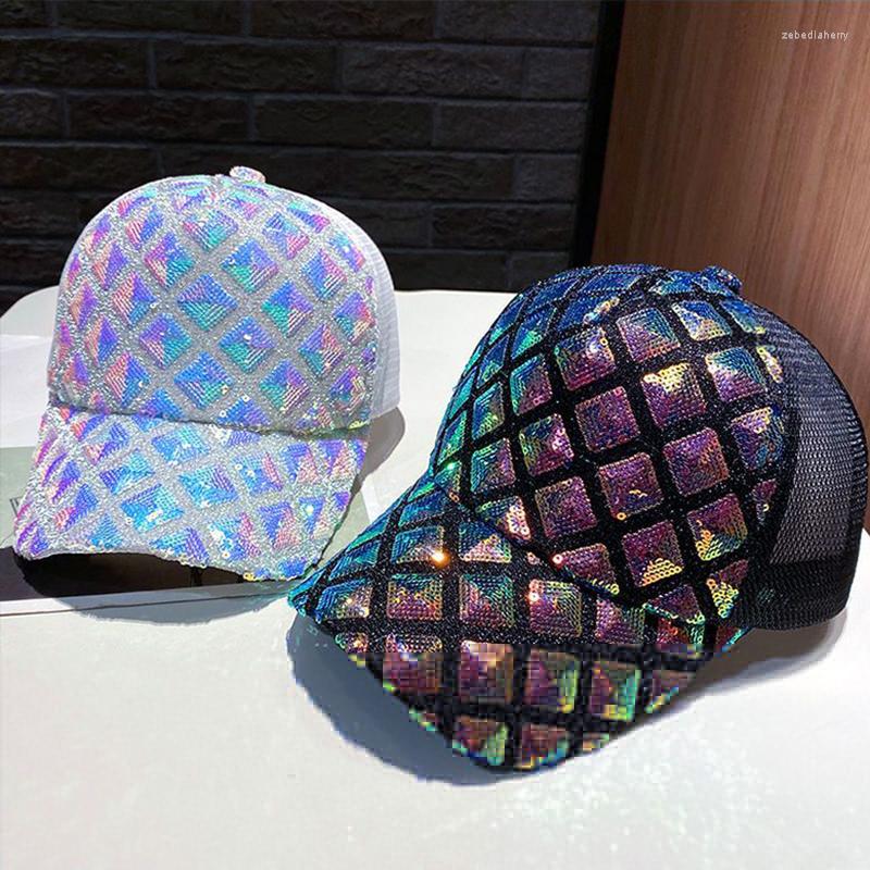 

Ball Caps 2022 Fashion Baseball Women Girl Cap Sequins Shiny Messy Bun Snapback Hat Sun Gorra Adjustable Mesh, White
