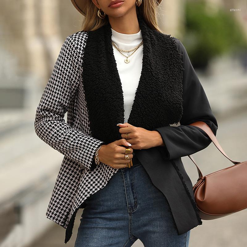 

Women' Suits Suit Women' Autumn And Winter Houndstooth Color Matching Fashion Short Large Fold Collar Coat Blazer Women, Black and white