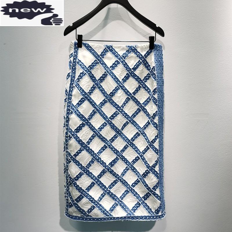 

Skirts Designer Women Plaid Pearls Bead Mid Calf Long Skirt Elegant Ladies Party Slim Fit 2022 Fashion Denim Patchwork Straight
