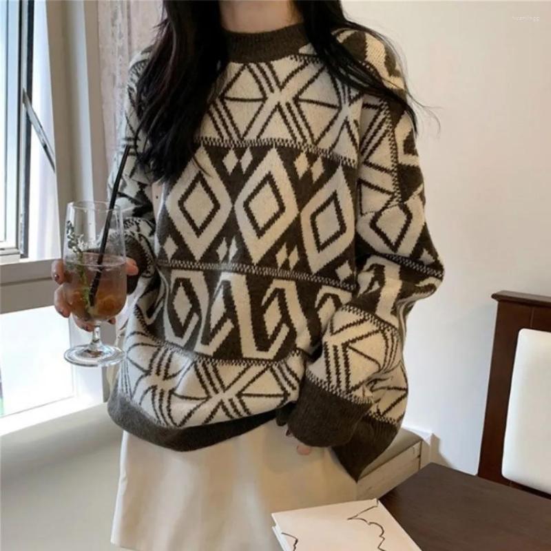 

Women' Sweaters Winter Vintage Sweater Women Loose Retro Diamond Plaid Knitted Pullover Harajuku Streetwear Outerwear Tops, Gray