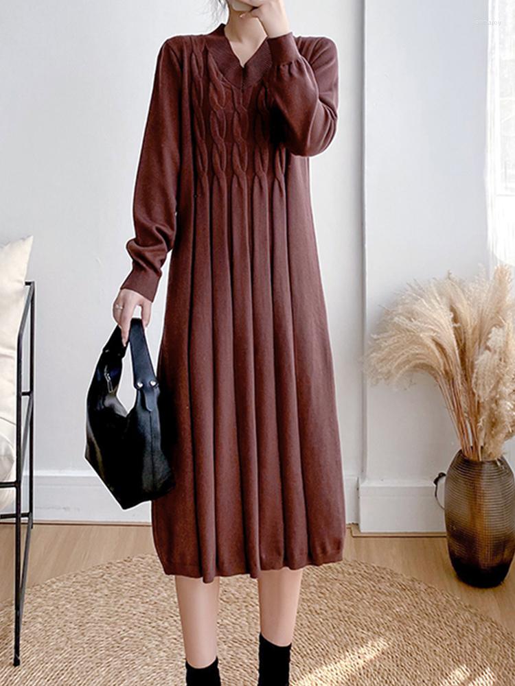

Casual Dresses Temperament Knitted Dress V-Neck Loose Woolen High Waist Slim 2022 Autumn Korean Fashion Women'S Clothing, Black