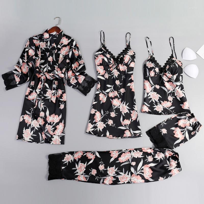 

Women's Sleepwear 5 Pieces Ladies Sexy Silk Satin Set Floral Robe Gown Pyjama Lace Nightwear For Women, Black