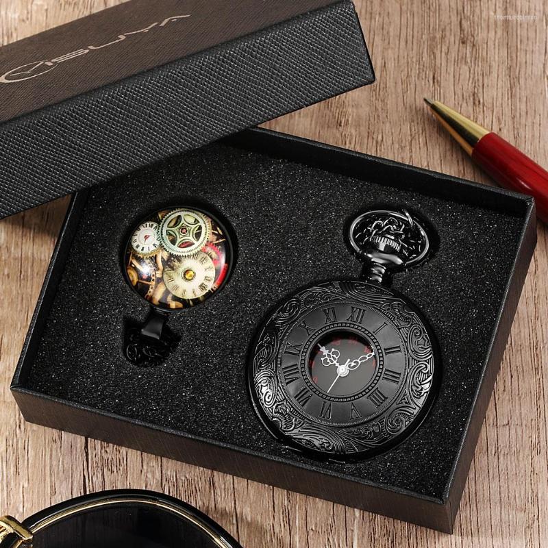 

Pocket Watches Steampunk Watch Roman Numerals Quartz Black Hollow Case Fob Pendant Necklace Clock Gift Set For Men Women, Pocket gift set 02