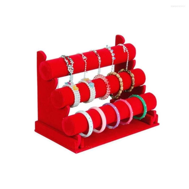 

Jewelry Pouches Red Velvet 3 Tier Bracelet Watch Stand Holder Showcase Display Storage Necklace Bangle Organizer