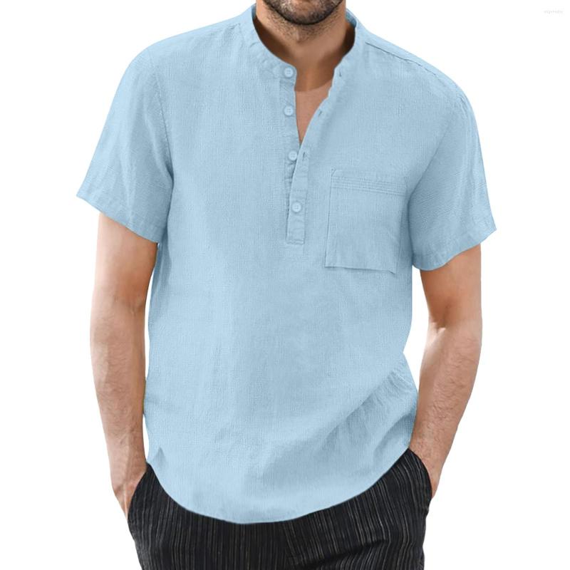 

Men's Casual Shirts Cotton Linen Men Summer Solid Stand Collar Vacation Pockets Short Sleeve Holiday Loose Tops, White