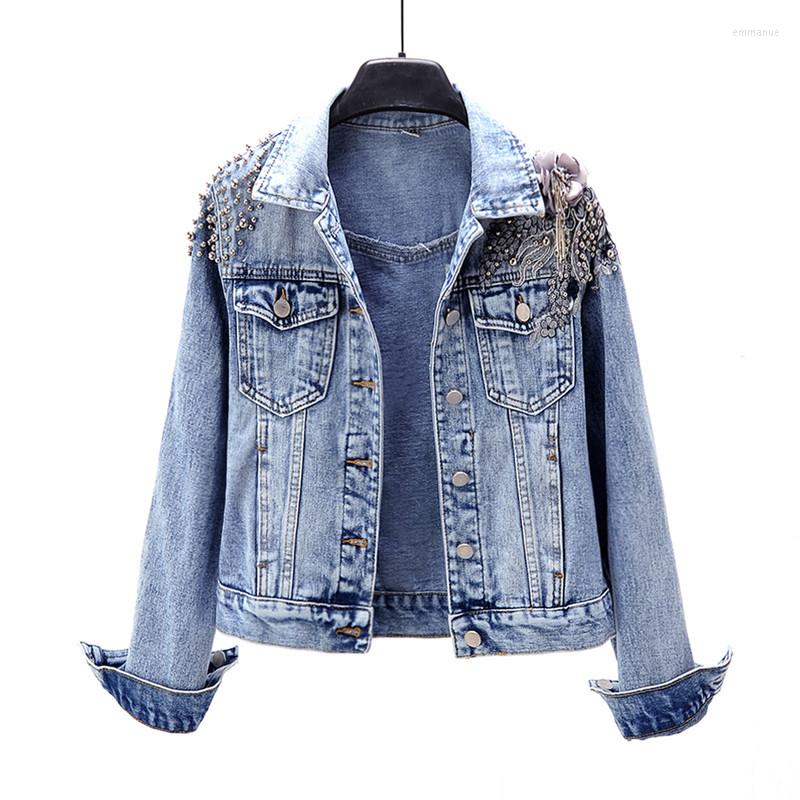 

Women' Jackets Spring Autumn Vintage Short Denim Coat Women Korean Fashion Beading Embroidery Slim Jeans Jacket Wild Outerwear Female Tide, Blue