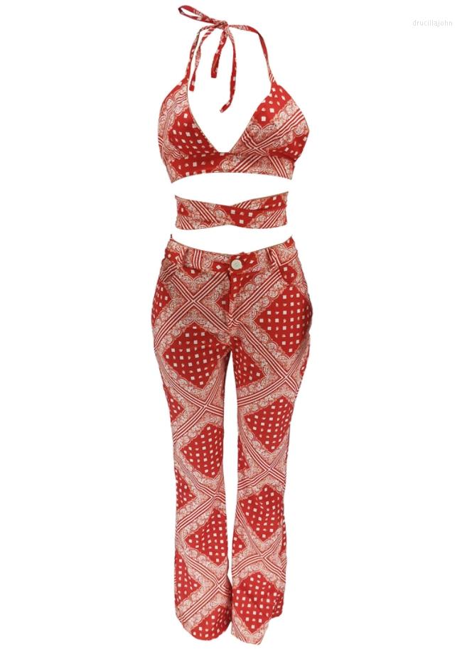 

Work Dresses 2 Pcs Women Printed Outfits Adults Sexy Tie-up Cross Halter Crop Tops Long SkirtJumpsuit, Red