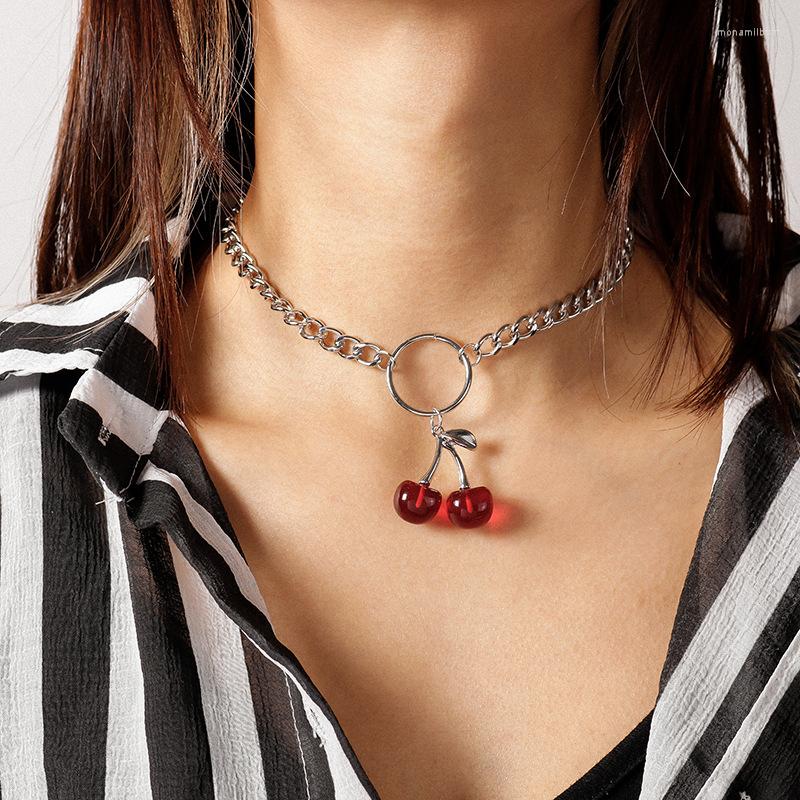 

Choker Korean Trendy Red Cherry Crystal Pendant Necklace For Women's Party Daily Charm Cute Necklaces Jewelry Gift