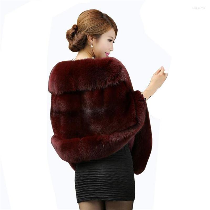 

Women's Fur Bridal Jacket Coat Faux Women Wedding Shawl Evening Party Dress Wraps Shoulder Capes Slim Lady Fake Cloak WZ134, Red