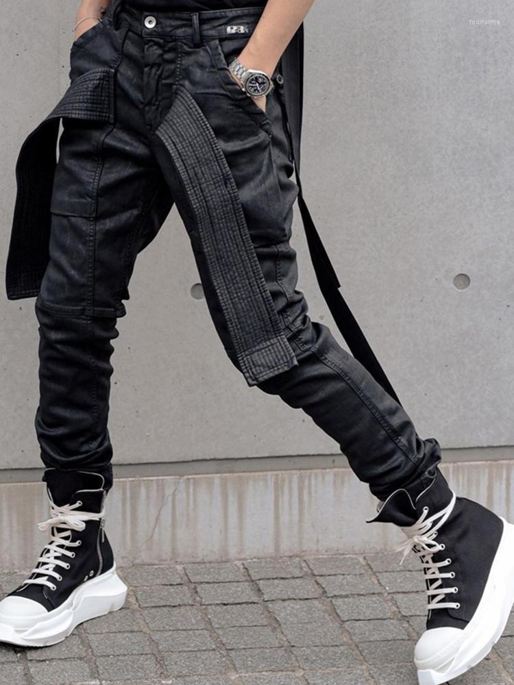 

Men' Jeans Dark Black Coated Waxed Double Ring Men' Niche Style Spliced Cargo Pants Slim High Street Denim Trousers 12A5802