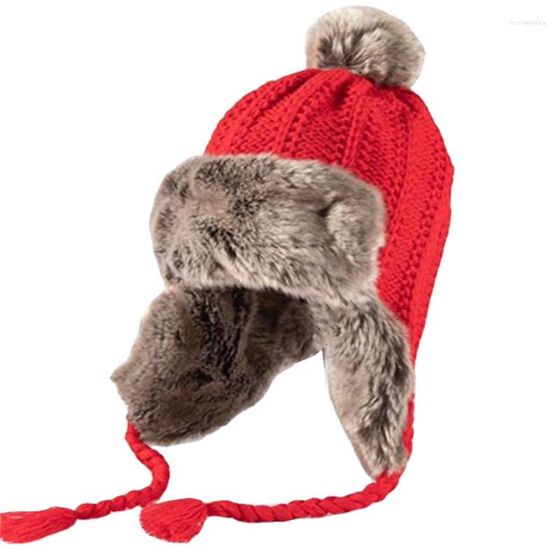 

Berets Winter Women Bomber Hat Knitted Windproof Female Outdoor Cap Cold Weather Warm With POMPOM Balls, Red