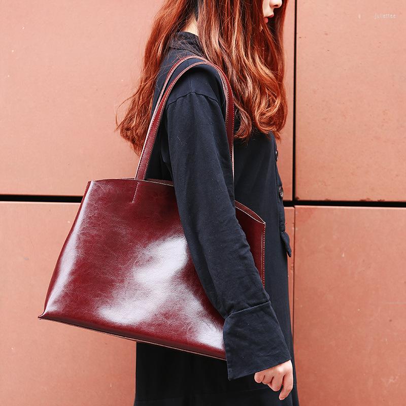 

Evening Bags Real Leather Shoulder Generous Fashion Big Bag Women Handbags Genuine Oil Wax Cowhide Lady Tote, Blue leather